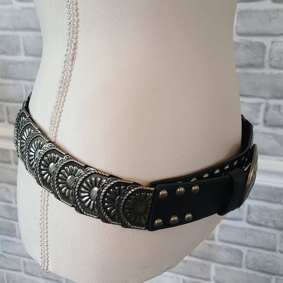 Vintage Hammered Metal Stretch Disc Belt Black Silver M/L Goth Rocker Viking - Picture 3 of 8